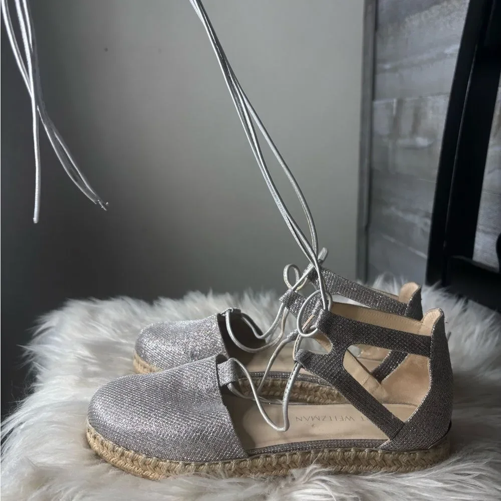Stuart Weitzman 7 Walkmyway Silver sparkle Espadrille Flats wrap up wedding shoe